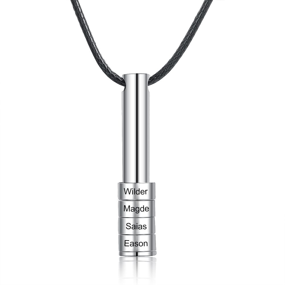 Personalized Engraved Cylinder Bar 4 Names Necklace Men - Family Long Vertical Bar Cylindrical Necklace