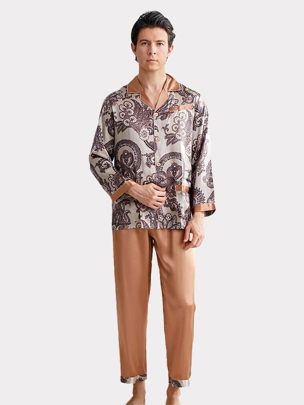 19 MOMME Pyjama en soie brun imprimé homme-Soie Plus