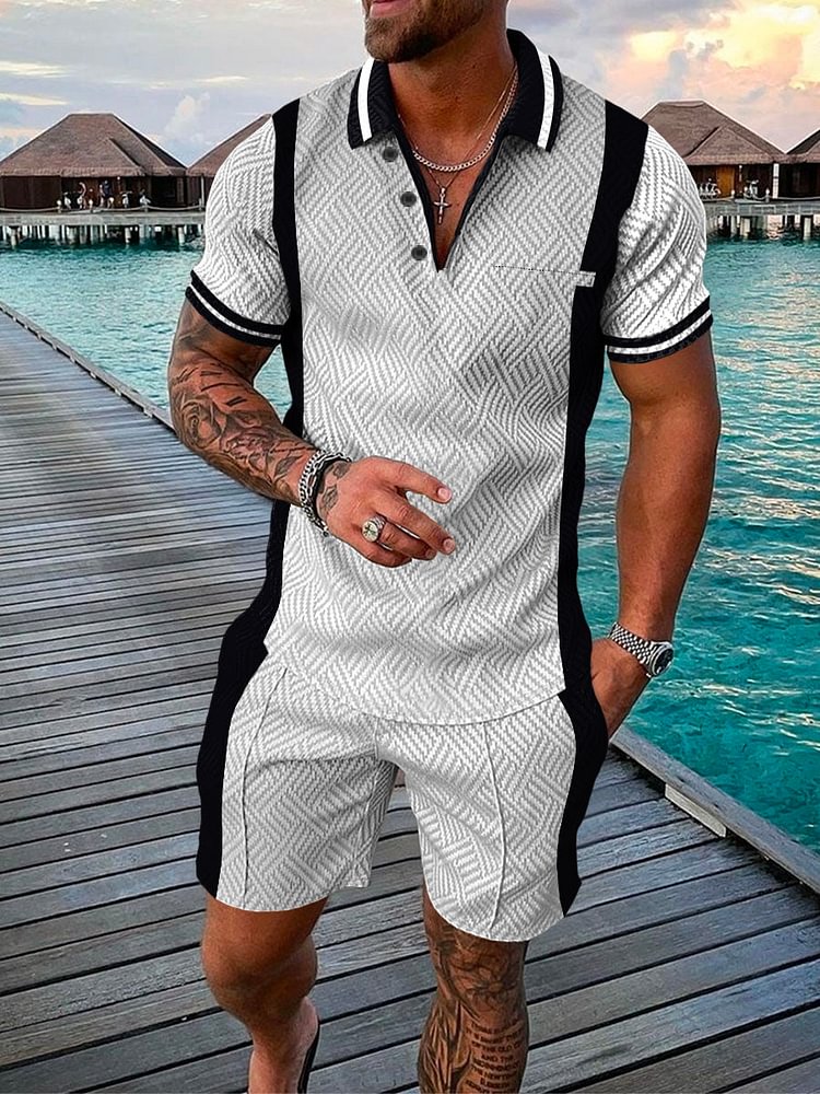 Men's Fashion Contrast Print Short Sleeve Polo Suit