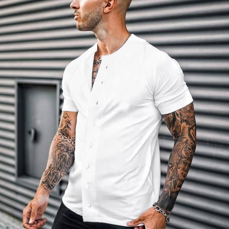 BrosWear Men's Solid Color Stand Collar Casual Short Sleeve Shirt white