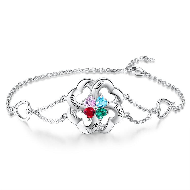 925 Sterling Silver Personalized Heart Bracelet Engraved with 4 Birthstone and 4 Name