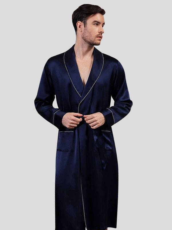 Luxury Navy Blue Men's Silk Robe