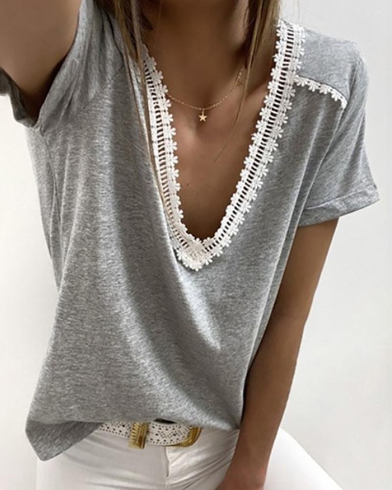 V-neck Crochet Lace Casual T-shirt P16223