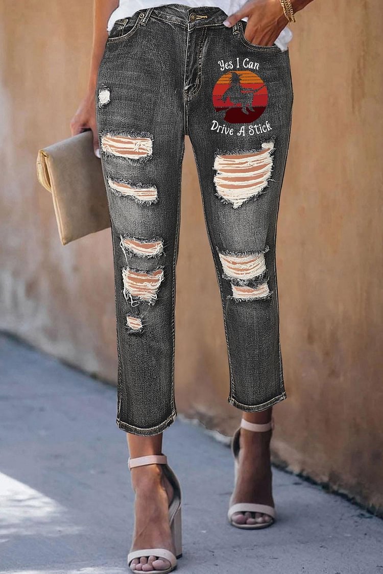 Women's Jeans Halloween Witch Ripped Mid Waist Slim Jeans-Mayoulove