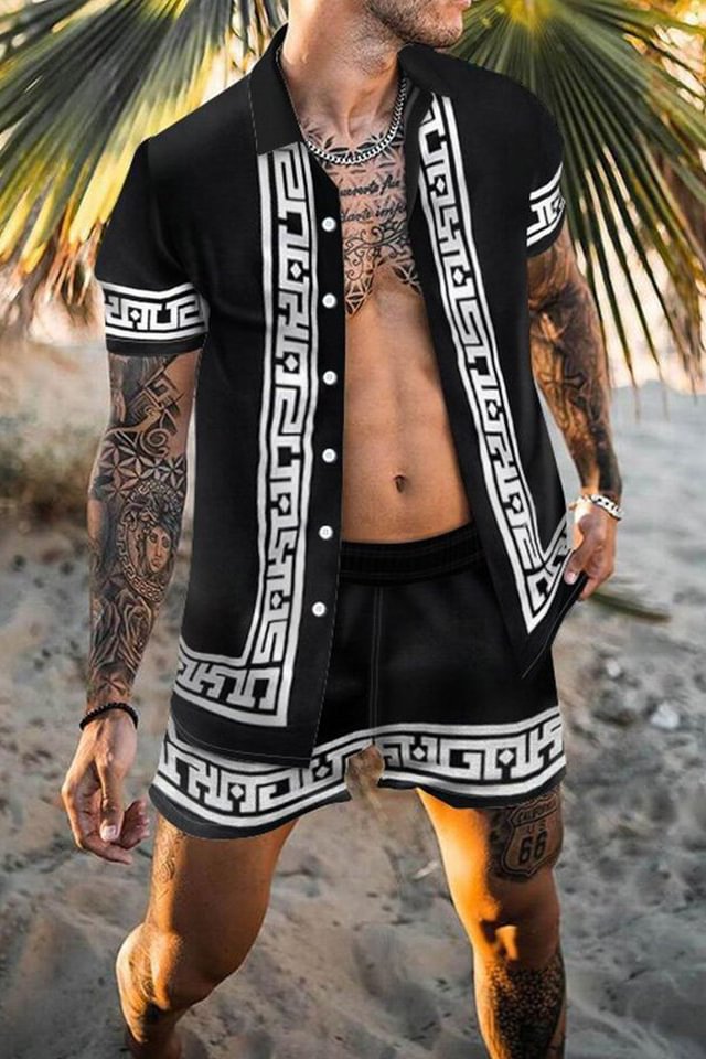 Tiboyz Men's Leisure Beach Short Sleeve Shirt And Shorts Two Piece Set
