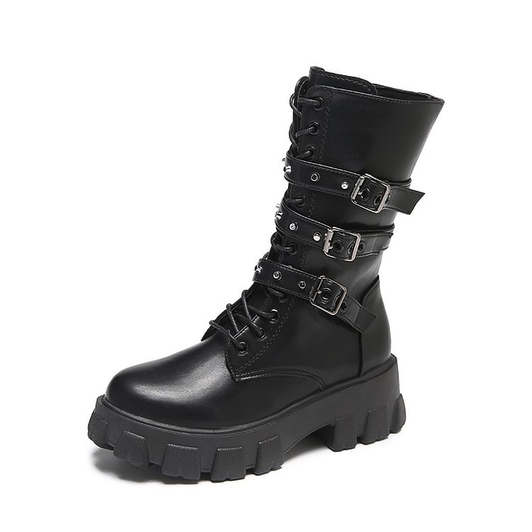 Knight's Style Buckle Straps Zipper Round Toe Boots