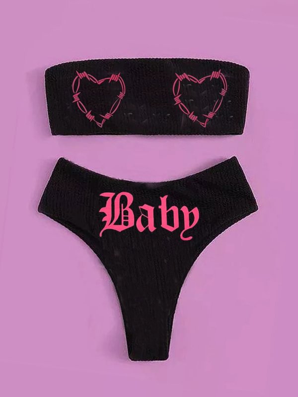 Heart Baby Printed Off The Shoulder High Waist Two-piece Bikini Sets Swimwear