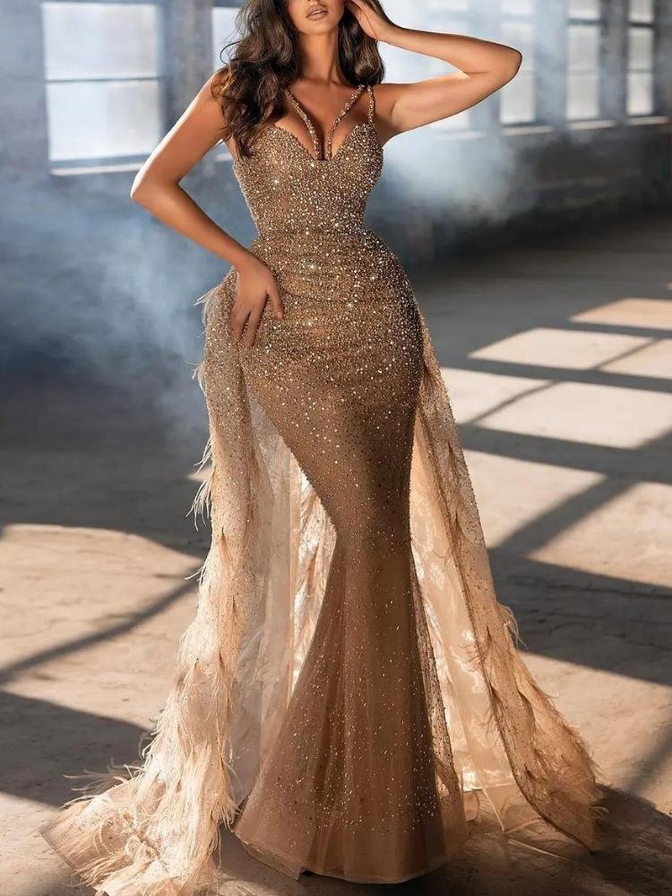 Shining sequins sexy low cut feather mesh hem mermaid evening dress