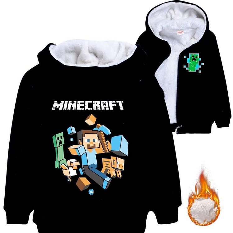 Mayoulove Boys Girls Minecraft Print Fleece Lined Winter Cotton Zip Up Hoodie-Mayoulove