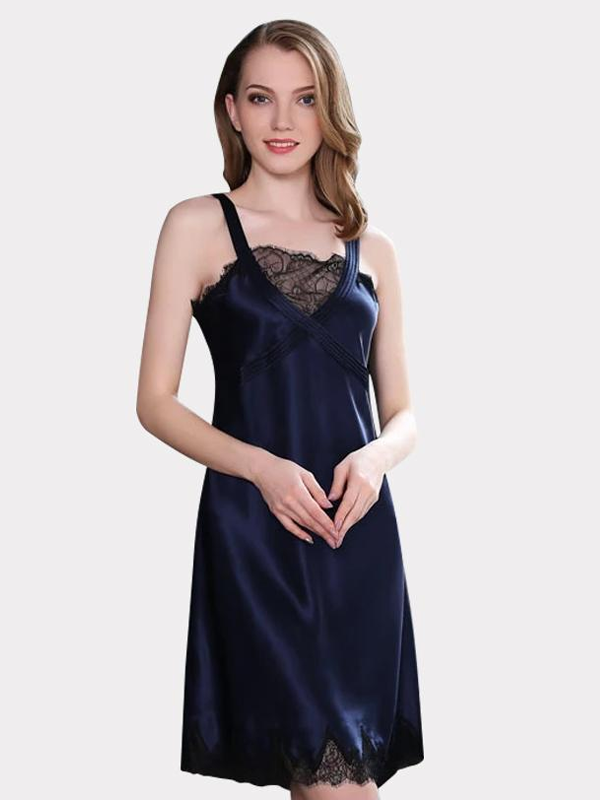 22 Momme High Quality Women's Elegant Lace Blue Silk Nightgown-Real Silk Life
