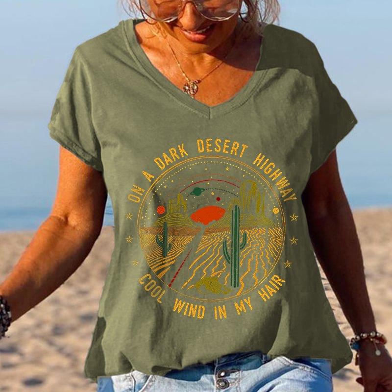On A Dark Desert Highway Scenery Printed Oversize Casual T-shirt