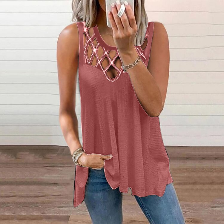 Women's Fashion Casual Solid Hollowed Out Crew Neck Tops Sleeveless Vest