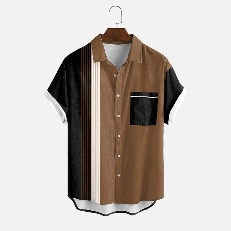 BrosWear Fashion Black And Brown Colorblock Short Sleeve Shirt