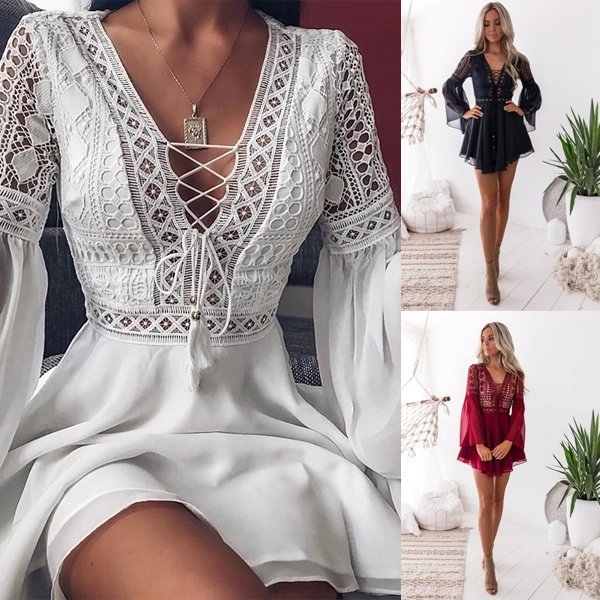 Women's A Line Dress Short Mini Dress White Black Red Long Sleeve Solid Color Ruffle Patchwork Spring Summer V Neck Hot Sexy Dresses