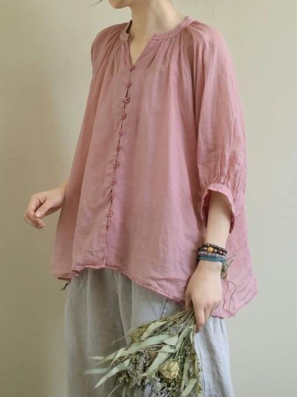 Loose Fit Pleated Linen Shirt-Mayoulove