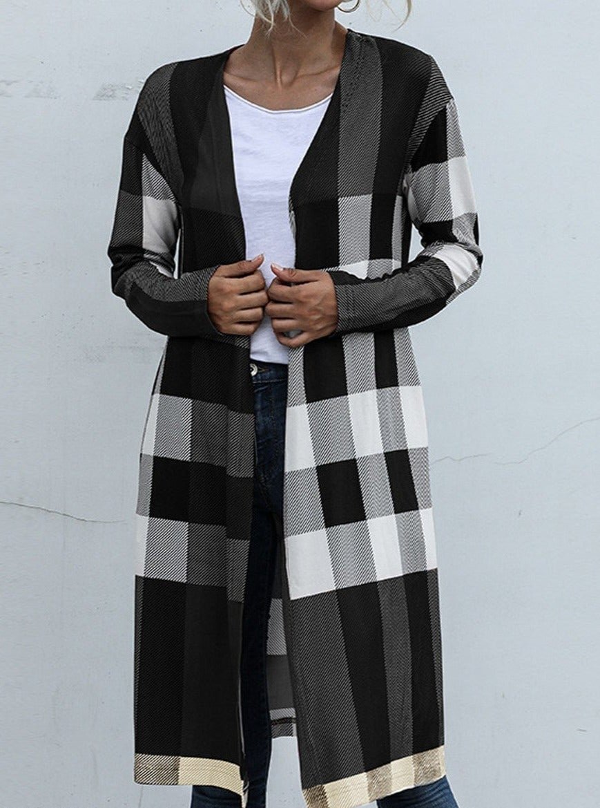 Casual Plaid Stitching Buttonless Long-Sleeved Cardigan-Corachic