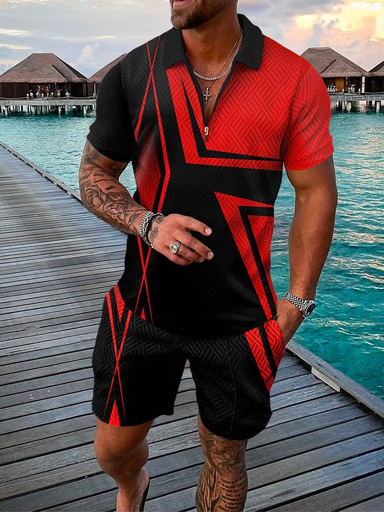 Men's Island Fashion Red Geometric Printed Polo Suit