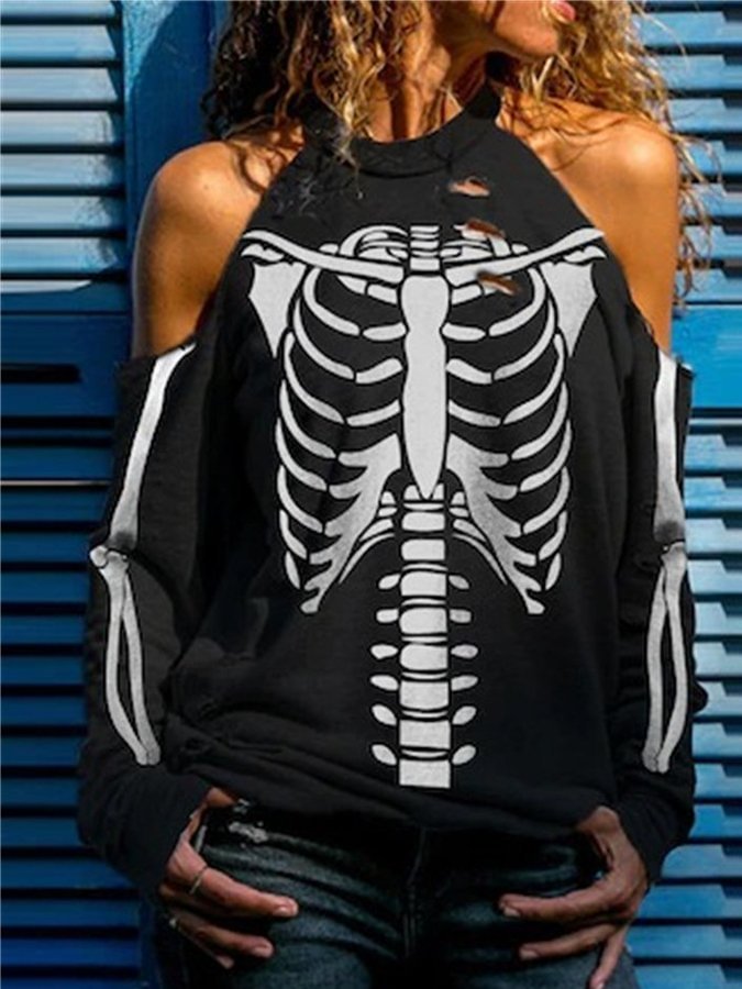 Women&#039;s Halloween Skull Print Off Shoulder T-Shirt-mySite-Allyzone