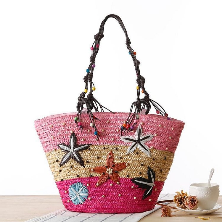 Bohemian Hand-embroidered Starfish Beaded Straw Bag-Mayoulove