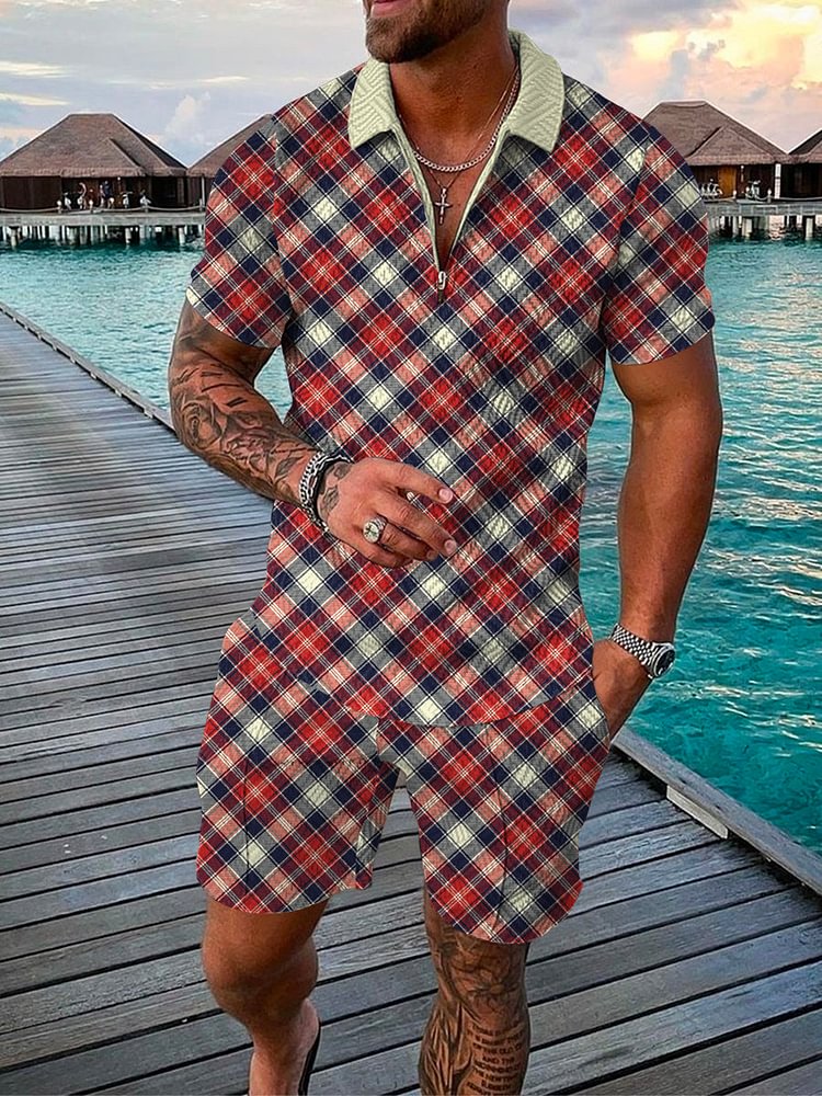 Men's Color-Contrast Check Casual Printed Polo Suit