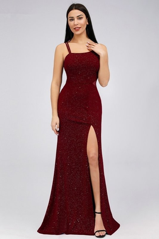 Gorgeous Burgundy Spaghetti-Starps Evening Gowns Sequins Prom Dress With Split
