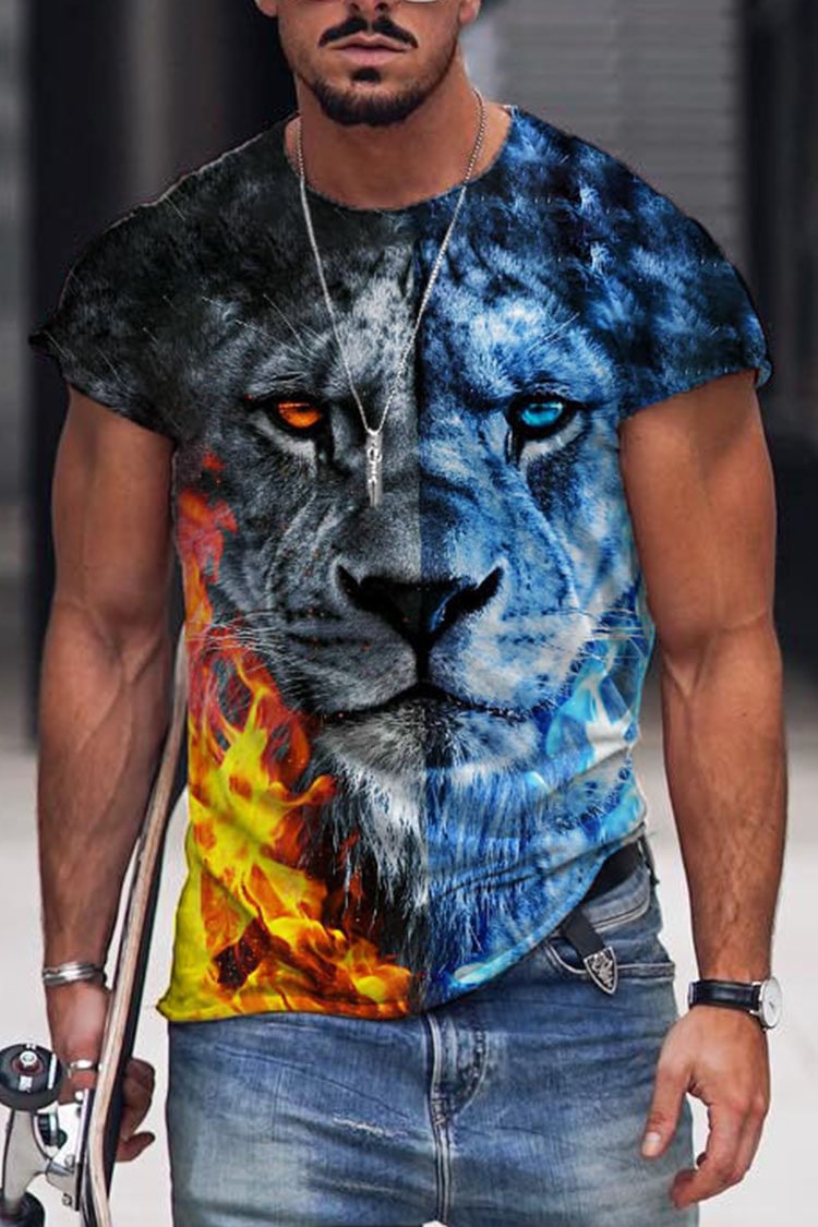 Tiboyz Men's Casual Fashion Lion Print Short Sleeve T-Shirt