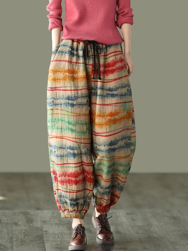 Multicolor Ramie Striped Elasticity Knickerbockers Pants