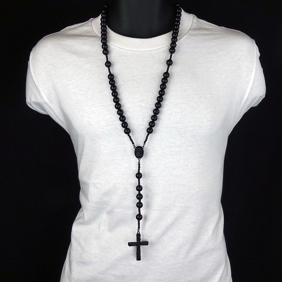 15mm  Black Crystal Beads Guadalupe Rosary & Cross Pendants-VESSFUL