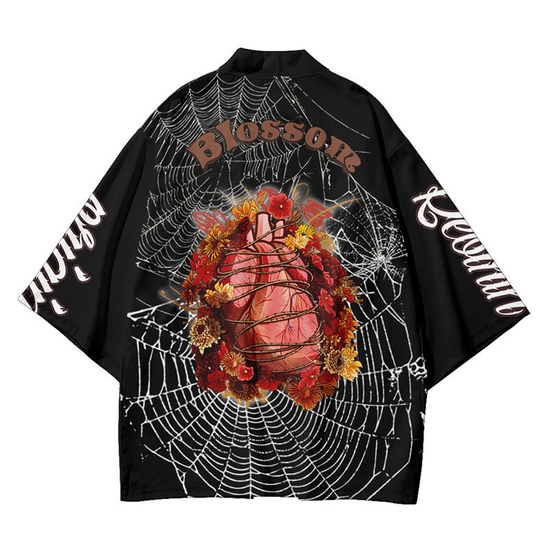 Heart 3D Printed Cropped Shirt Robe Cardigan / Techwear Club / Techwear