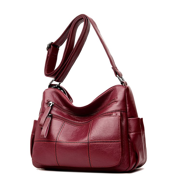 Women Solid Multi-Slot Soft Leather Crossbody Bag Leisure Stitching Messenger Bag