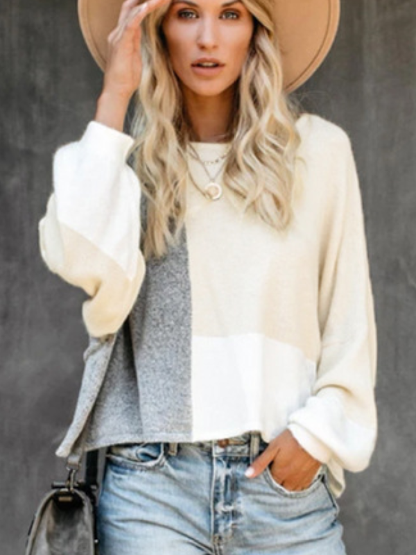 Women Contrast Color Long Sleeve Knit Tops