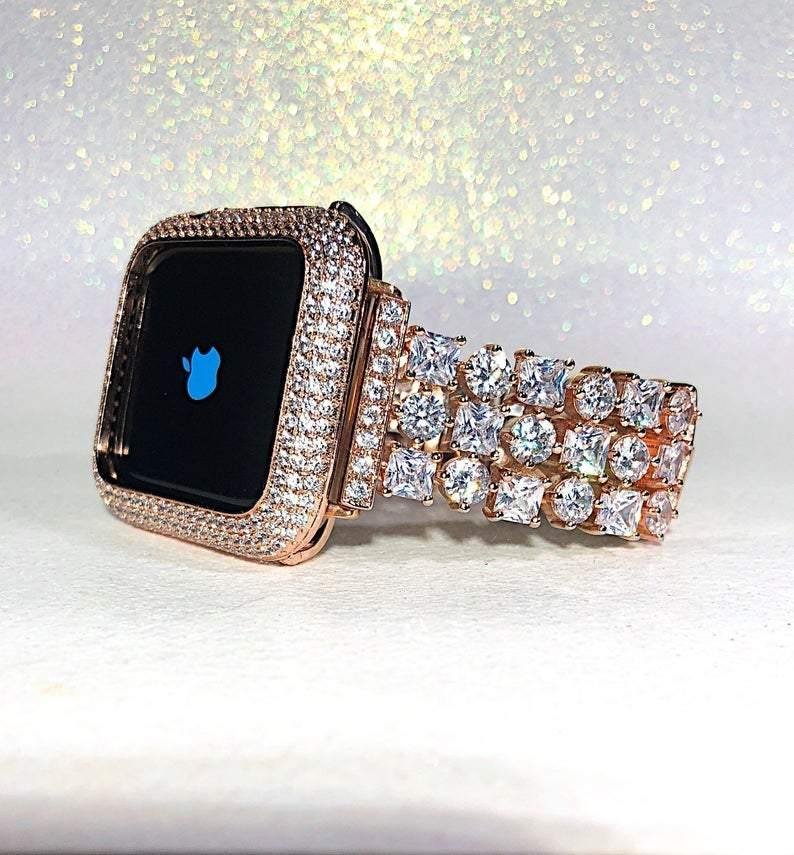40/44mm Rose Gold Apple Watch Iced Out Band and Lab Bezel-VESSFUL