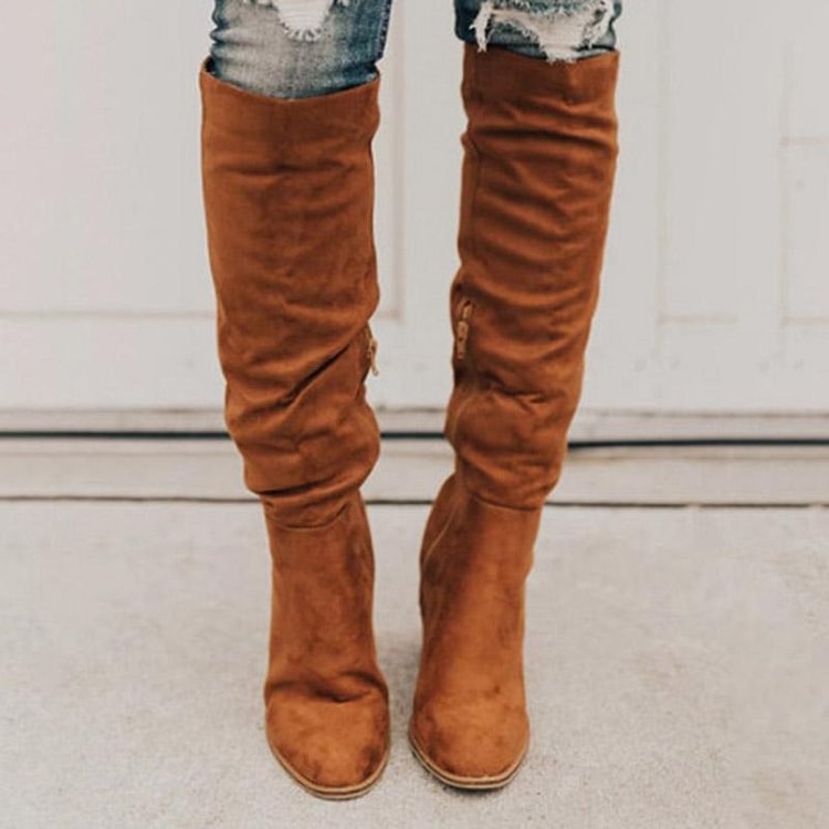 Suede Boots With High Heel Side Zipper And Over The Knee