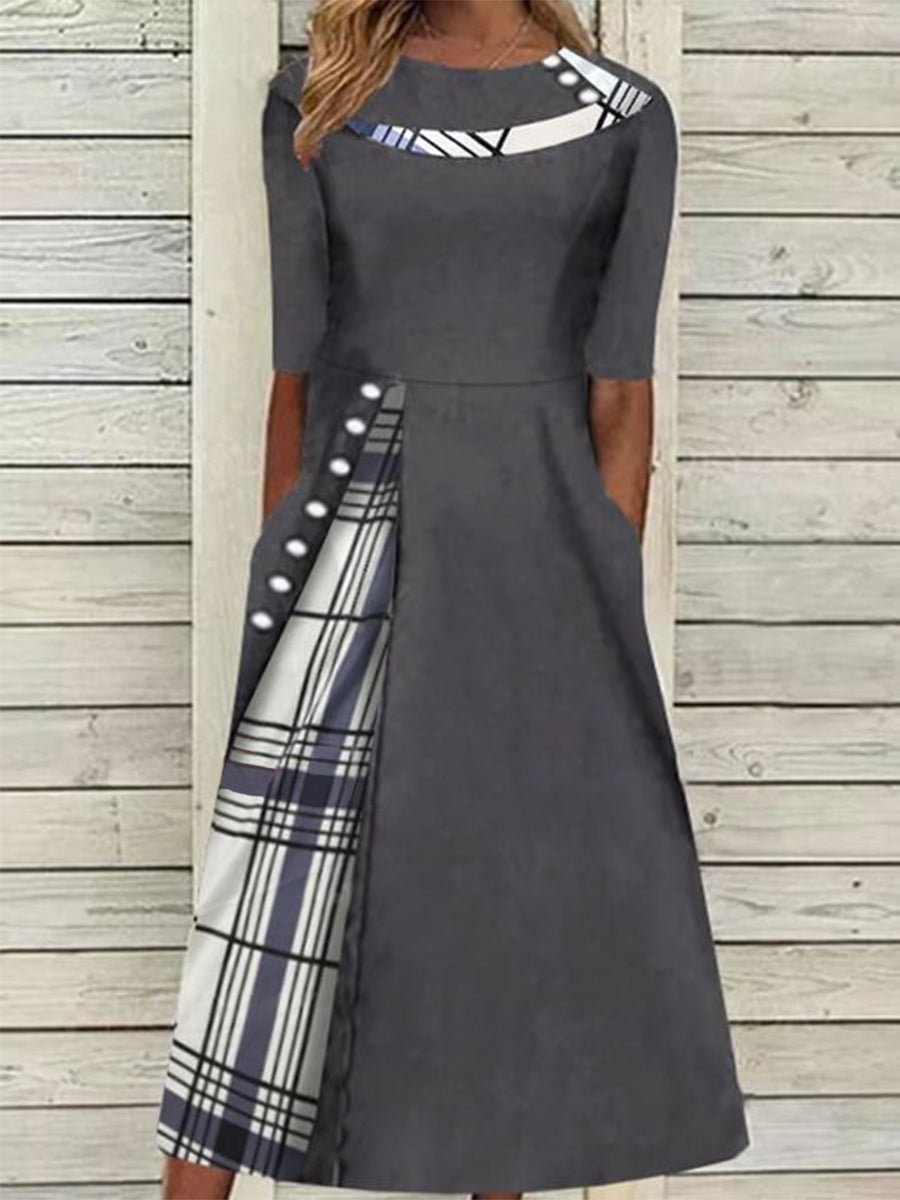 Elegant Short Sleeve Stitching Plaid Dress