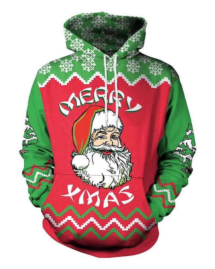 Mayoulove Merry Xmas Santa Claus Printed Green Red Pullover Unisex Hoodie-Mayoulove