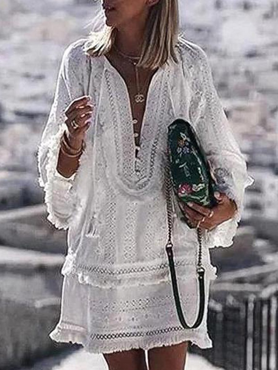 V-neck Solid Tassel Long Sleeve Lace Vacation Dress P16353
