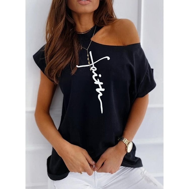Women's Cotton Off Shoulder Hole Short Sleeve Sexy Top White Oversized Summer Street Letter Printed T-shirt