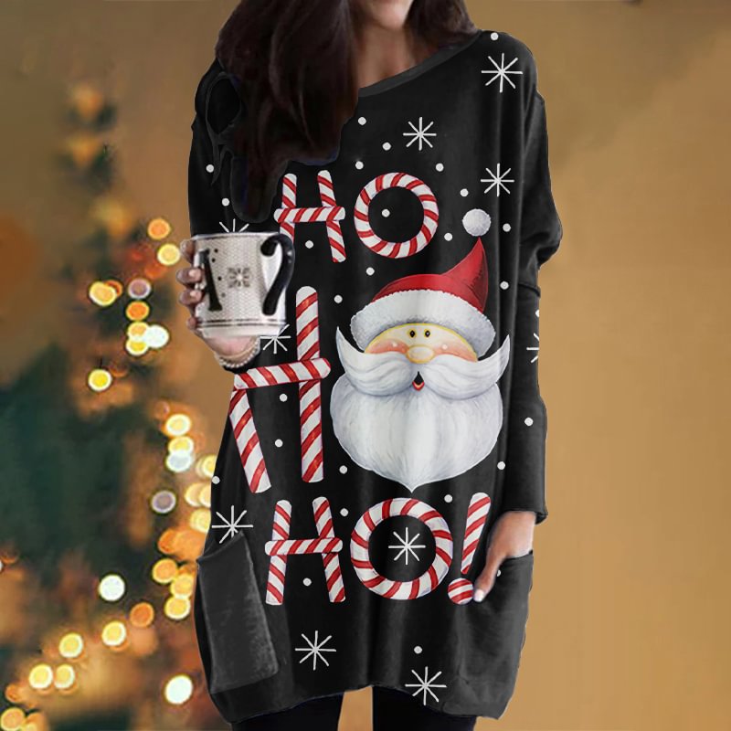 Black Long Sleeves Ho Ho Ho ! Santa Patterns Oversized Blouse