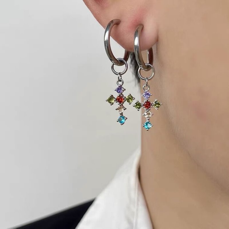 Colored Zircon Rhinestone-Embellished Cross Earrings / Techwear Club / Techwear