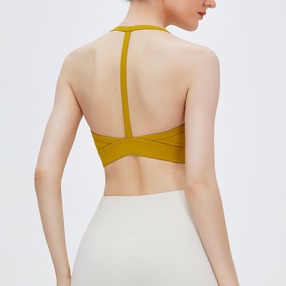 Shop leaf yellow halter backless sports bra online at hergymclothing.com