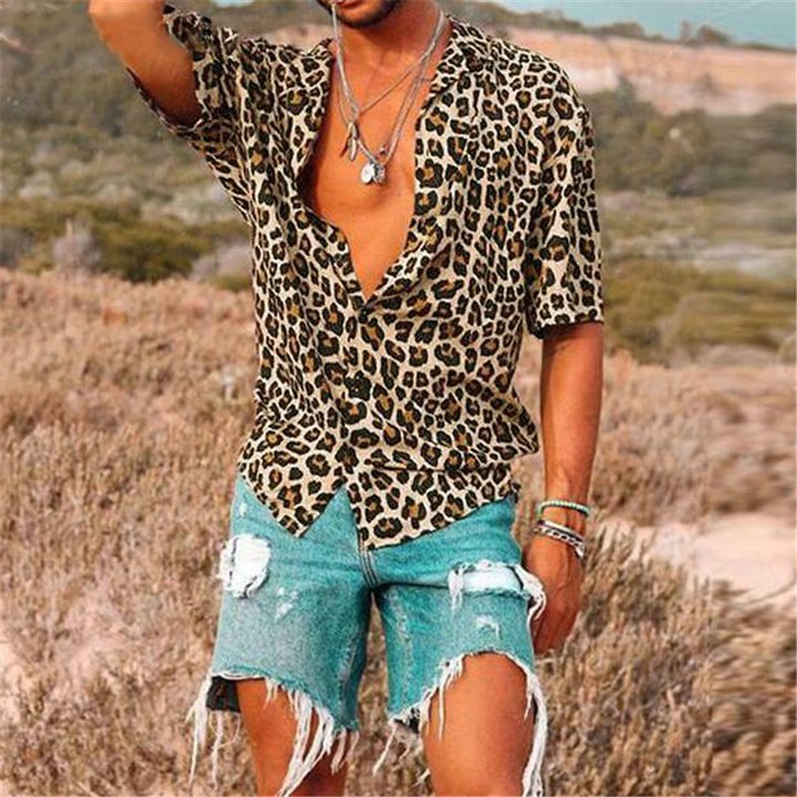 Summer Leopard Print Short Sleeves Lapel Streetwear Shirts Blouses-VESSFUL