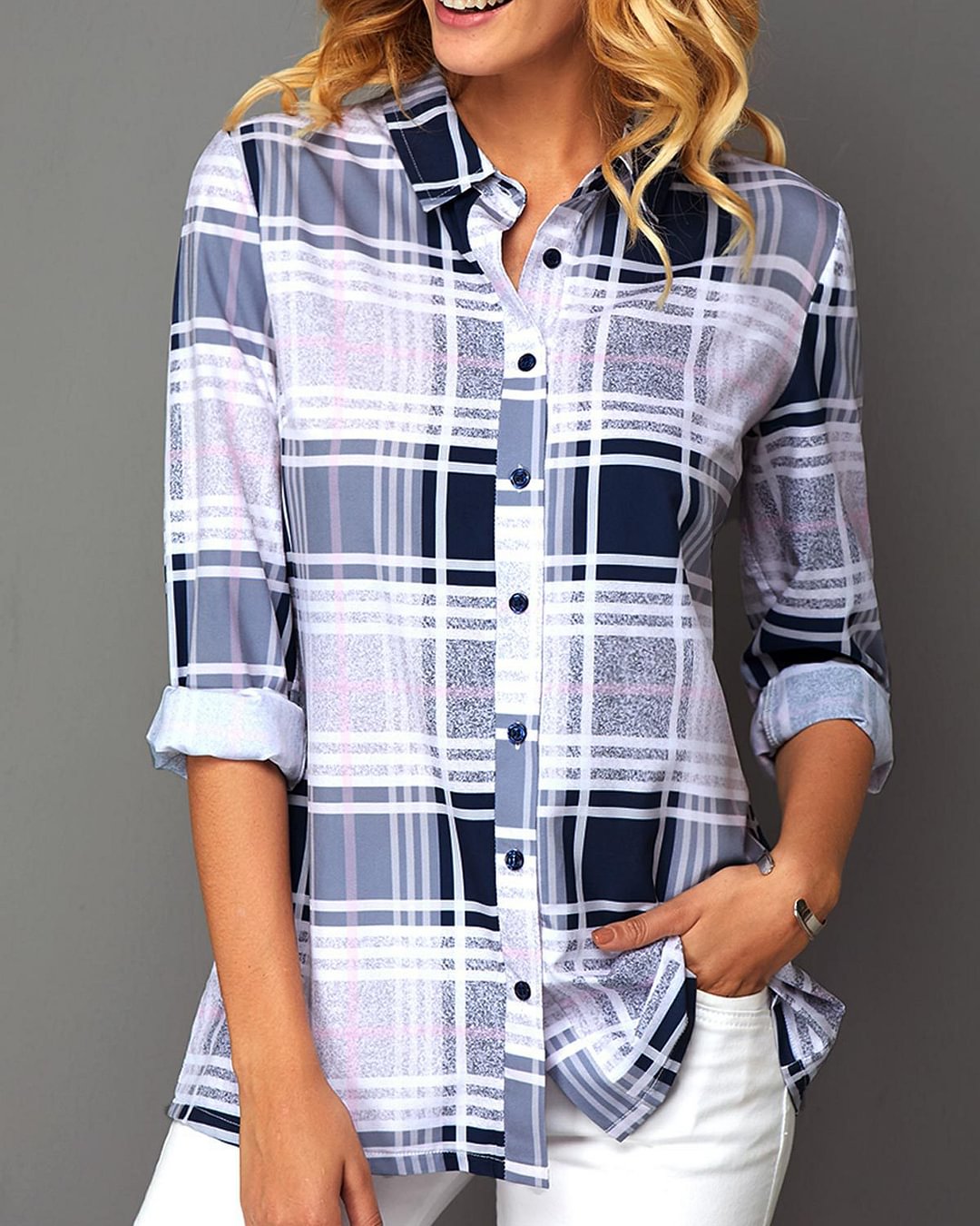 New Check Print Single Breasted Lapel Casual Trend Slim Shirt