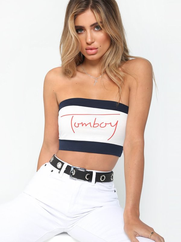 Statement Letter Printed Color Block Paneled Tube Top