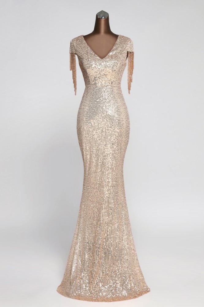 gold sequins v-neck long mermaid prom dress