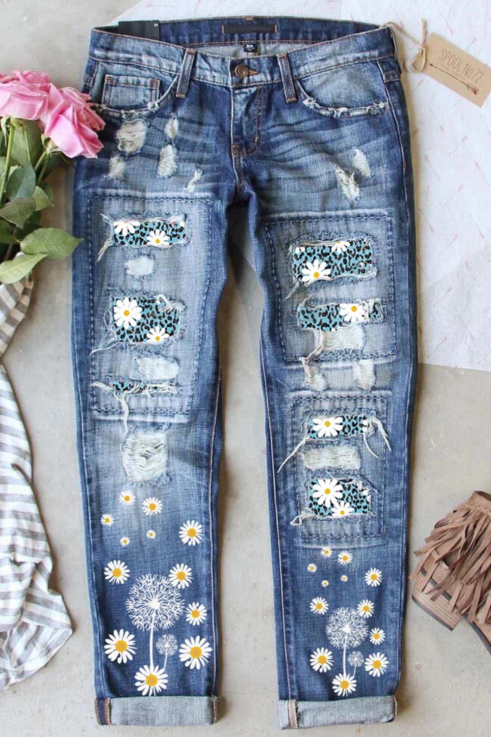Sky Blue Women's Jeans Patchwork Daisy Print Low Rise Straight Jeans LC783566-4