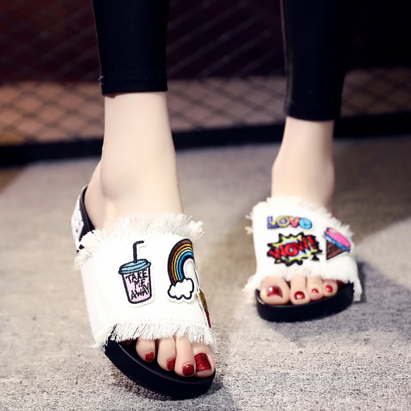 Women's cartoon embroidered patch denim slippers - vzzhome