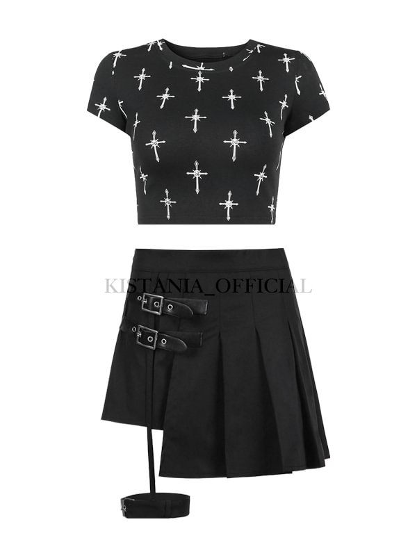 Cross Printed Crew Collar Short Sleeve Slim Crop Top + Paneled Foot Ring Pleated Skirt 2-piece Sets