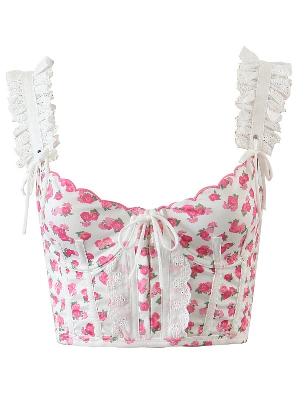 Holiday Floral Printed Lace Cutout Slim Crop Vest