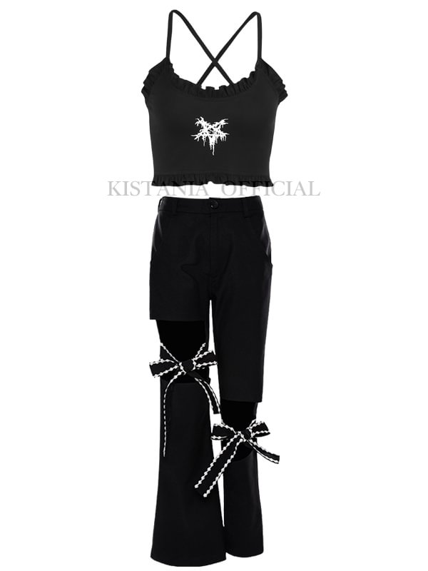 Graphic Star Cross Strap Ruffle Cropped Cami Top + Cutout Strape Bowknot High Waist Straight Pants 2 Pieces Sets