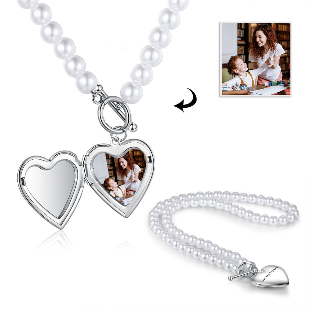 Personalized Heart Picture Necklace Pearl Chain with Engraving, Custom Necklace with Picture and Text and with A Locket